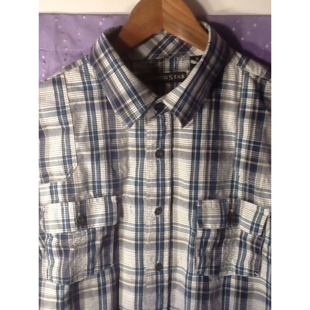 Indigo Star Blue White Plaid Dip Button Down Dress Shirt Size Large A15